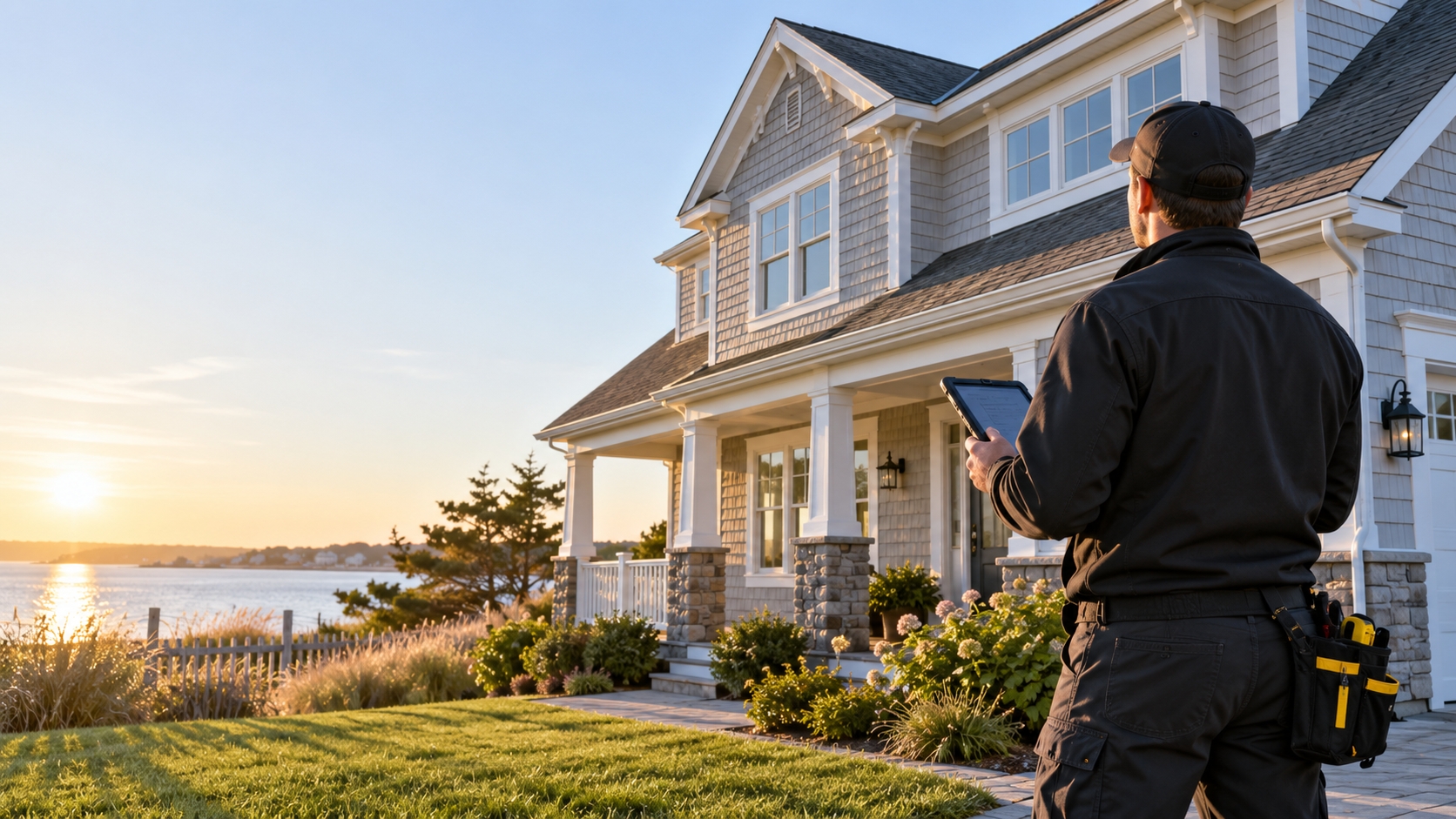 Home inspector evaluating the exterior and roof of a New Jersey home